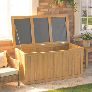 Sunvega 67 Gallon Outdoor Wooden Deck Box with Seat and Table Top