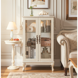 Sunvega American Retro Style Glass Curio Cabinet with Illuminated Display and Mirrored Back