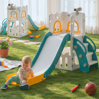Sunvega 5-in-1 Indoor Toddler Slide Playset with Basketball Hoop and Climber