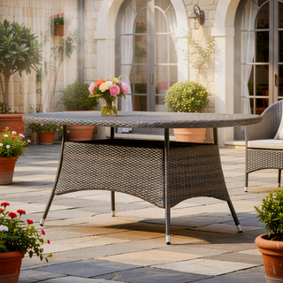 Sunvega Outdoor Oval Wicker Dining Table with Silver-Tipped Legs for Patio