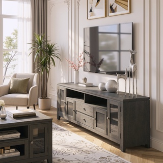 Sunvega Farmhouse Grey Solid Wood TV Media Stand with Glass Doors and Drawers