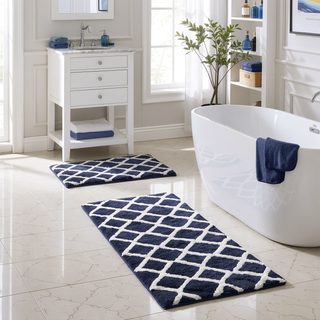 Sunvega Reversible High Pile Tufted Microfiber Bath Rug with Geometric Square and Stripes