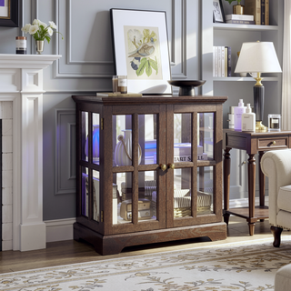 Sunvega Retro LED Curio Display Cabinet with Adjustable Glass Shelves and Magnetic Closure
