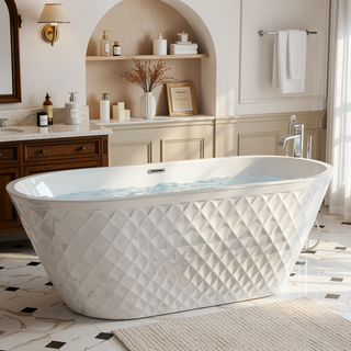 Sunvega 59 inch Freestanding Acrylic Bathtub with Diamond Pattern and Gloss White Finish