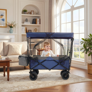Sunvega Collapsible Wagon with Canopy 480Lbs Capacity 7" All-Terrain Wheels and Mosquito Net
