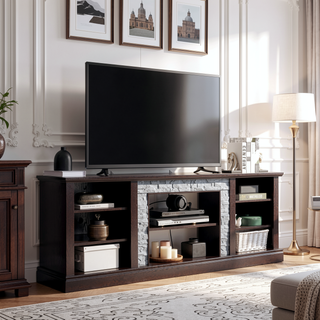 Sunvega 70.12" White Faux Stacked Stone Media Console with Large Storage Cabinet