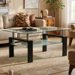 Sunvega Modern Clear Glass Coffee Table with Double Layer Storage for Living Room