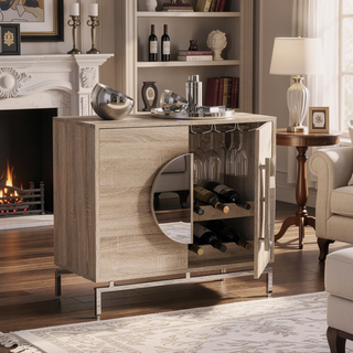 Sunvega Modern Bar Cabinet with Wine Storage and Mirrored Hardware
