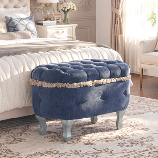 Sunvega Orange Upholstered Button-Tufted Storage Ottoman Bench with Fringe for Bedroom