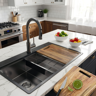Sunvega 32 Inch Gunmetal Black Workstation Sink with Accessories and Jewelry-Grade PVD Coating
