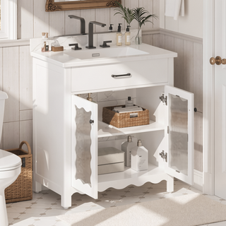 Sunvega Modern 30 Inch Bathroom Vanity with Ceramic Sink and Tempered Glass
