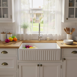 Sunvega 33 Inch White Porcelain Ceramic Farmhouse Kitchen Sink Workstation with Reversible Apron
