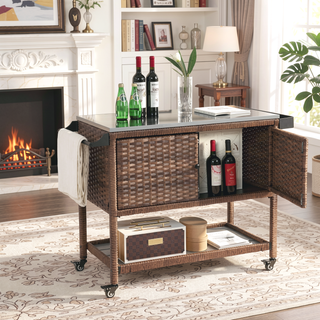 Sunvega Large Outdoor Wicker Bar Cart with Wheels and Glass Top for Patio