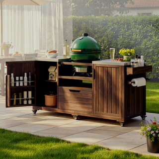 Sunvega 66.5" Solid Fir Wood Outdoor Kitchen Island Cart with Stainless Steel Top for Big Green Egg Grills