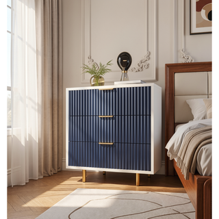 Sunvega Modern White and Navy Blue Fluted 3 Drawer Dresser with Wide Top for Bedroom