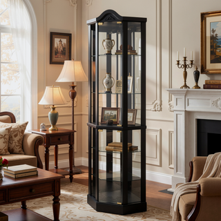 Sunvega Antique Glass Corner Curio Cabinet with Adjustable Shelves and Built-in Light