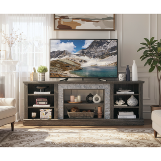 Sunvega 70.12" White Faux Stacked Stone Media Console with Large Storage Cabinet