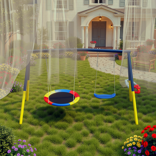 Sunvega Heavy-Duty A-Frame Metal Outdoor Swing Set with Saucer and Belt Swings