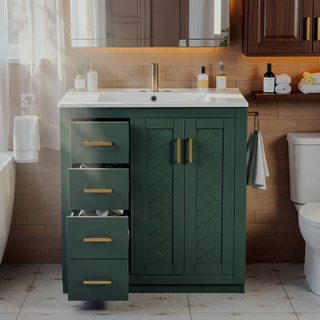 Sunvega 30 Inch Solid Wood Freestanding Bathroom Vanity with Ceramic Sink and Storage