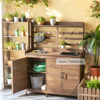 Sunvega Wooden Potting Bench with Storage Sink Water Tap for Patio Lawn Yard Garden