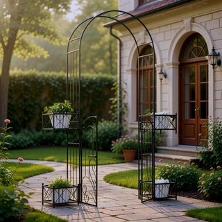 Sunvega Black Metal Garden Arch Arbor with Gate and Planters for Vines and Wedding