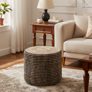 Sunvega Handcrafted Natural and Black Braided Jute Round Pouf with Polystyrene Filling