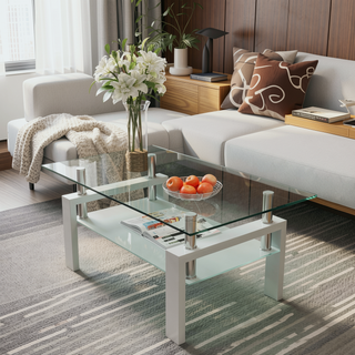 Sunvega Modern Clear Glass Coffee Table with Double Layer Storage for Living Room