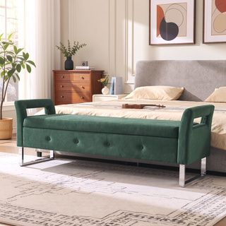 Sunvega Green Velvet Storage Soft Bench with Armrests for Living Room and Bedroom