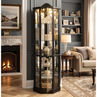 Sunvega Antique Glass Corner Curio Cabinet with Adjustable Shelves and Built-in Light