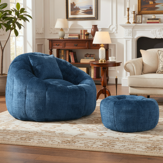 Sunvega Modern Pumpkin Shape Bean Bag Chair with Ottoman for Living Room