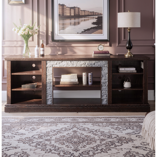 Sunvega 70.12" White Faux Stacked Stone Media Console with Large Storage Cabinet