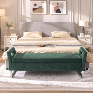 Sunvega Green Velvet Storage Soft Bench with Armrests for Living Room and Bedroom
