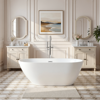 Sunvega 59 Inch Acrylic Freestanding Soaking Tub with Gold Overflow Drain