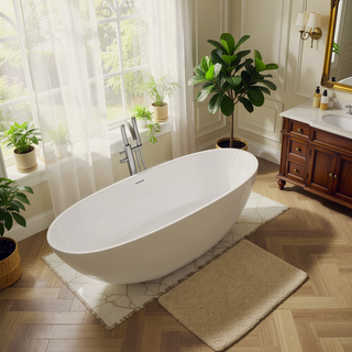 Sunvega Glossy White Freestanding Soaking Bathtub with Overflow and Pop-up Drain