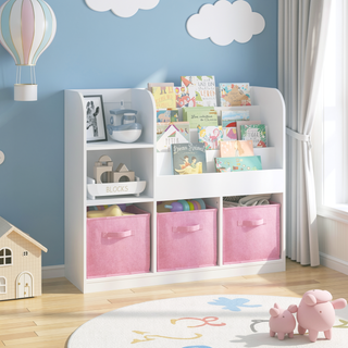 Sunvega Multifunctional 4 Tier Wooden Kids Bookshelf and Toy Storage Organizer with Display Stand