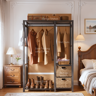 Sunvega Acacia Wood Garment Rack with Shelves 2 Wicker Drawers and 4 Hooks