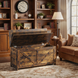 Sunvega Extra Long Rustic Brown Storage Chest with U Shaped Pull for Entryway