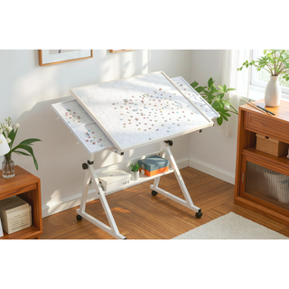 Sunvega Adjustable Height and Angle Puzzle Table with 4 Felt Storage Trays and Wooden Cover