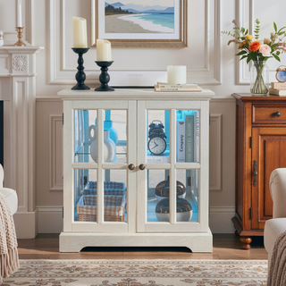Sunvega Retro LED Curio Display Cabinet with Adjustable Glass Shelves and Magnetic Closure