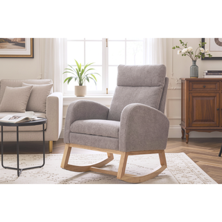 Sunvega Teddy Fabric Rocking Chair With Wood Legs For Living Room And Bedroom