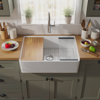 Sunvega 30 x 20 Inch Fireclay Farmhouse Apron Kitchen Sink With Accessories