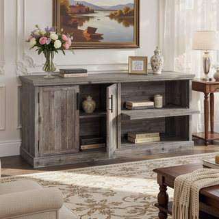 Sunvega Modern Brown Finished Storage Credenza with Adjustable Shelves and Double Doors