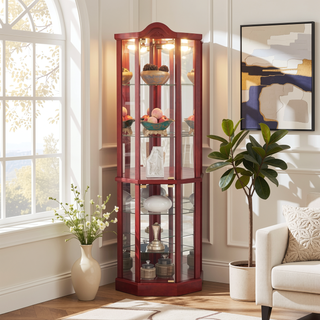 Sunvega Antique Glass Corner Cabinet with Adjustable Shelves and Built-in Light