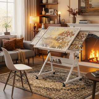 Sunvega Adjustable Height and Angle Puzzle Table with 4 Felt Storage Trays and Wooden Cover