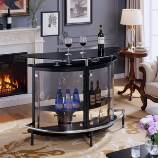 Sunvega Freestanding Black Glass Top Home Bar Cabinet with Shelf for Wine Storage