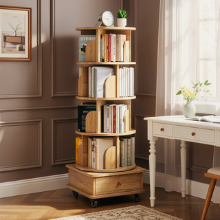 Sunvega 360° Rotating Bookshelf with Wheels and Drawer for Space-Saving Storage