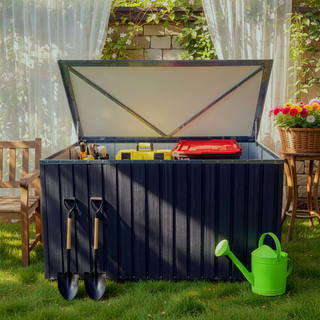 Sunvega Outdoor Metal Storage Box with Wood Texture and Spacious 161-Gallon Capacity