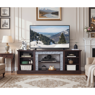 Sunvega 70.12" White Faux Stacked Stone Media Console with Large Storage Cabinet