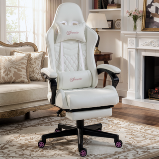 Sunvega High Back PU Leather Gaming Chair with Swivel Wheels Retractable Footrest