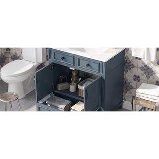 Sunvega Retro Blue Solid Wood Frame Bathroom Vanity with Ceramic Sink